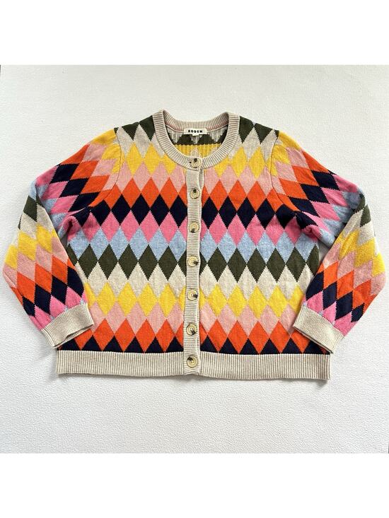Boden Sweaters - Boden Women Multicolor Argyle Diamond Wool Blend Sweater Patterned Cardigan XL
